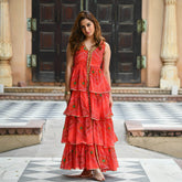 Readymade Georgette Red Orange Flared Kurti Sharara Without Dupatta